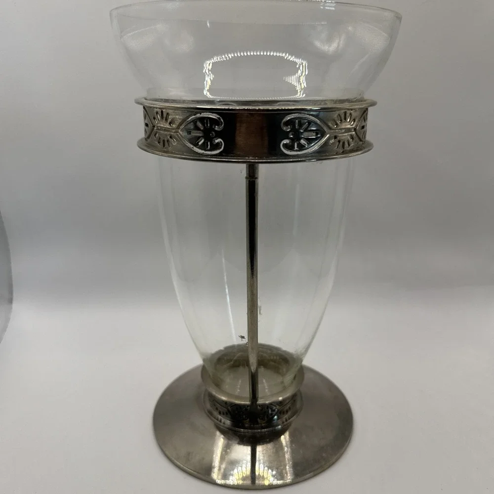 Rare Vintage Clear Glass & Silver Metal FTD Vase Circa 1960s Mid Century Floral